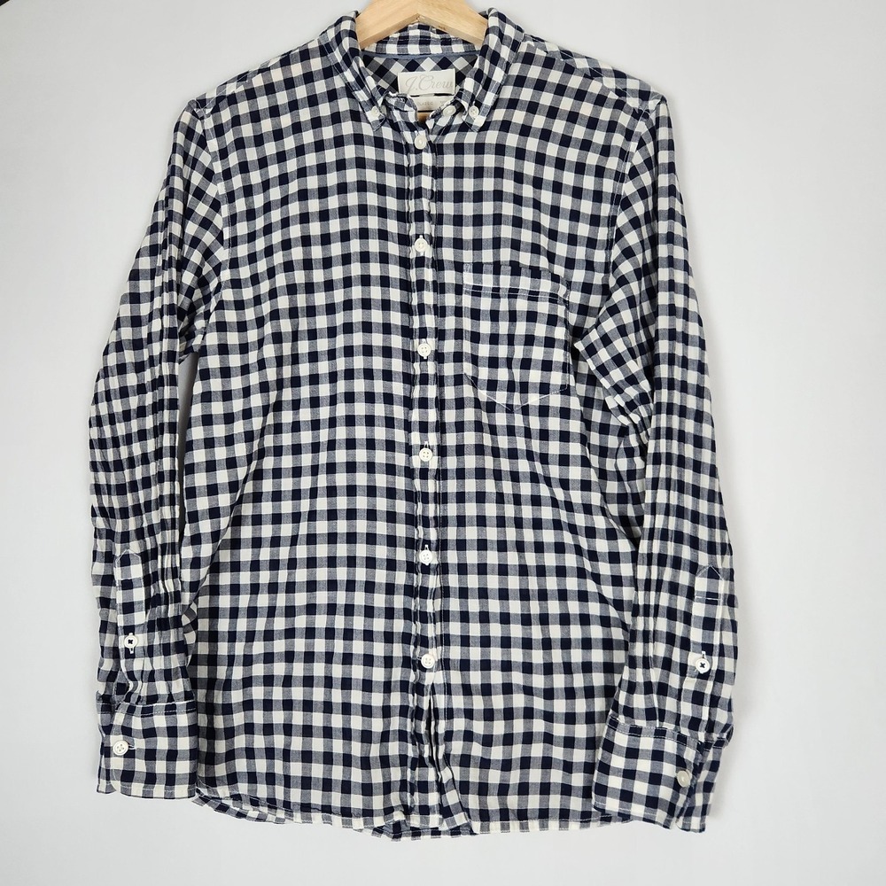 J Crew Classic Fit Gingham Check Navy 100% Lightweight Cotton Shirt EUC 8 Preppy